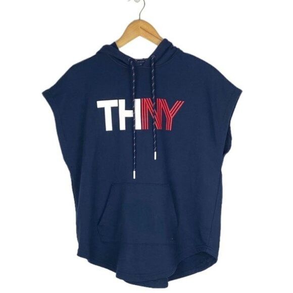 Tommy Hilfiger THNY Womens Blue Round Hem Sleeveless Drawstring Logo Hoodie US S - Picture 1 of 10